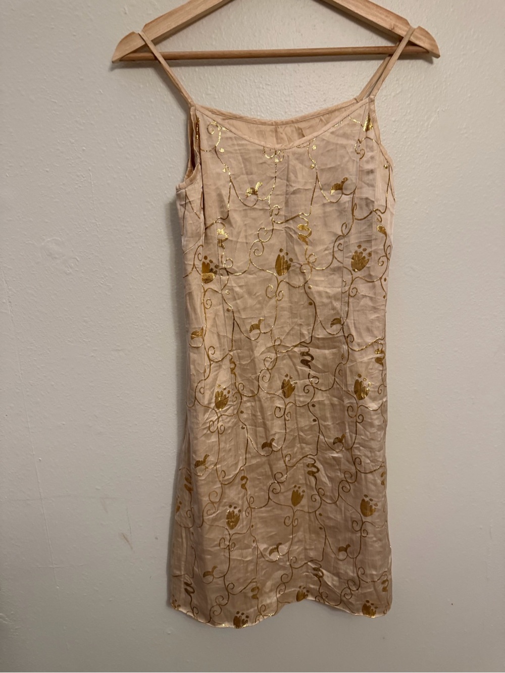 Gold-Embellished Beige Slip Dress - Elegant Spaghetti Strap 100% silk lined